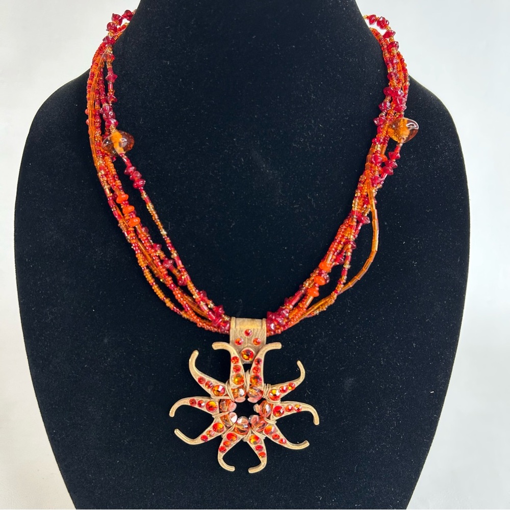 Chicos Sunburst Pendant Necklace Multistrand Beaded Red Orange Clasp Broken READ